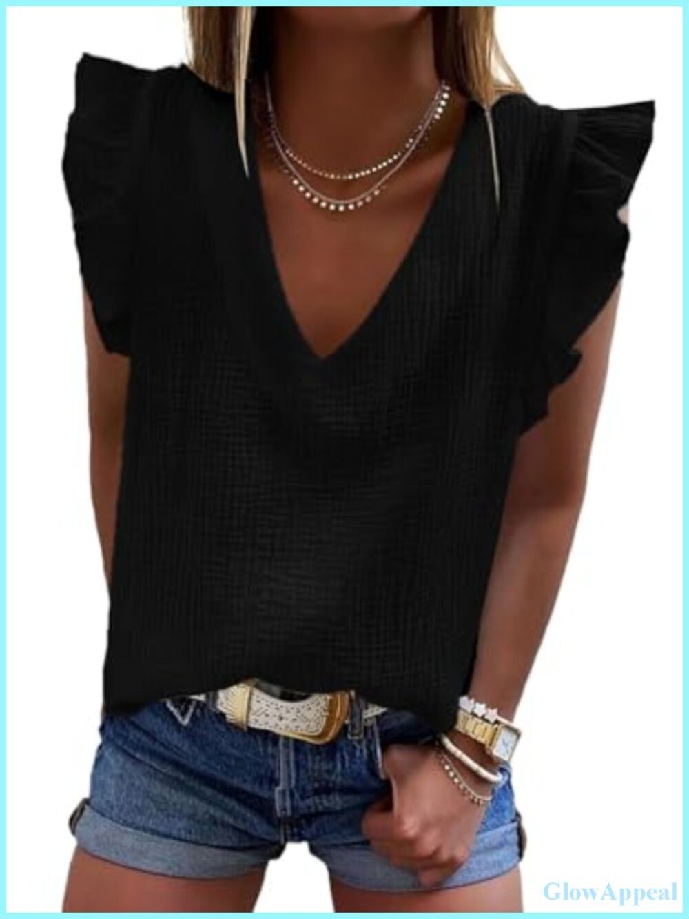 Cotton Ruffle Sleeve V-Neck Tank Top Sleeveless Summer Blouse